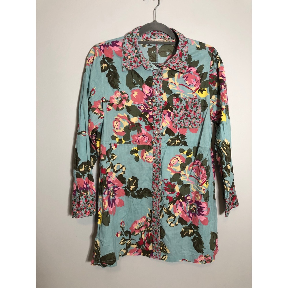 Soft Surroundings Tunic Women PM Blue Floral Mixed Print Cotton Button Down